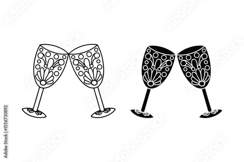 Clinking Decorative Wine Glasses Line Art Vector Illustration
