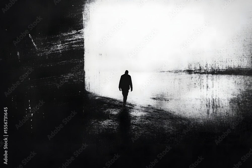 Obraz premium A lone figure walking through a tunnel with soft, blurry light at the end, representing the struggle to find light at the end of mental health battles. 