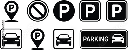 An illustration of various parking and no parking signs in black and white