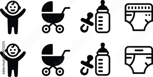 Icons of baby stroller bottle pacifier diaper and baby in black color
