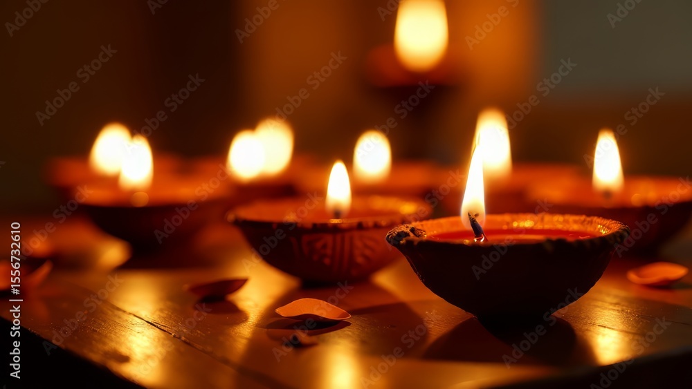 Diwali clay oil lamps glowing warmly on table Diwali clay oil lamps glowing warmly on table