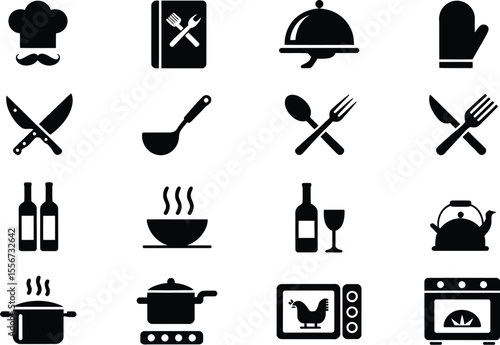Collection of kitchen and cooking related icons in black and white