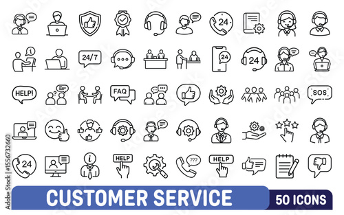 Comprehensive collection of 50 customer service icons representing support communication and satisfaction in a clean outline style