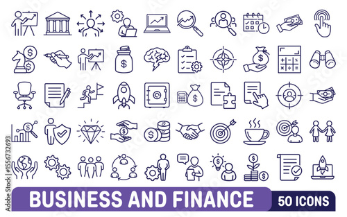 Collection of 50 business and finance line icons representing growth strategy teamwork and financial success