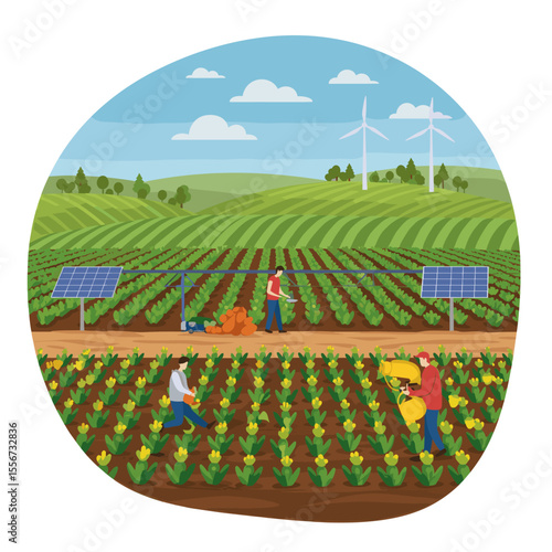 This vector image shows a farm with rows of crops being irrigated by a worker, with solar panels placed among the plants. Wind turbines are visible in the background