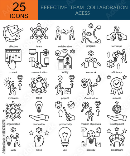Effective team collaboration access  icons in line style. Containing effective, team, collaboration, program, technique, control, communication, facility, teamwork, efficiency, dynamics, group, proje
