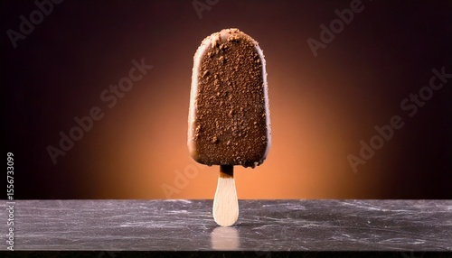 chocolate ice cream stick with chocolate topping on table with gradient background 