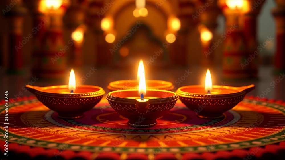 Diwali oil lamps glowing on rangoli Diwali oil lamps glowing on rangoli