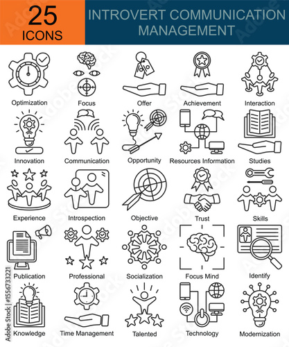 Introvert communication management icons in line style. Containing  Optimization, Focus, Offer, Achievement, Interaction, Innovation, Communication, Opportunity, skills, studies and more