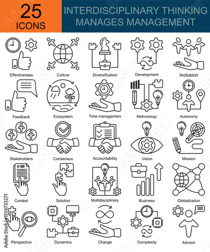 Interdisciplinary thinking manages management icons in line style. Containing Effectiveness, Culture, Diversification, Development, Inclusion, Feedback, Ecosystem, Time management, Methodology, Auton
