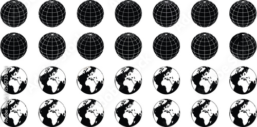 Rows of globes with grid lines and continents on a gradient background