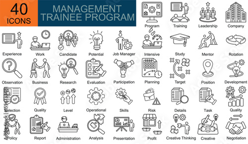 Management trainee program icons in line style. Containing program, training, leadership, company, experience, Work, candidate, potential, job manager, intensive and more