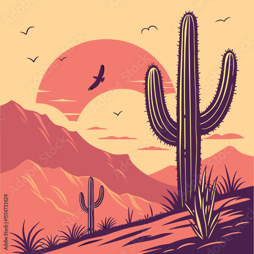 Desert sunset with saguaro cactus and soaring birds