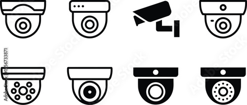 Eight security camera icons in various styles on a white background