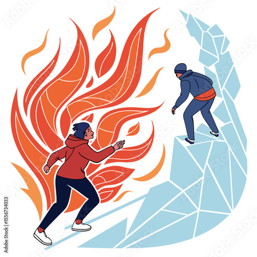 Person fleeing fire reaching for rescuer on ice flames