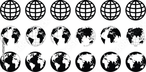 Various globe representations in white on a black background pattern
