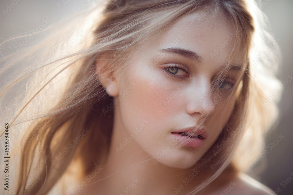 Fototapeta premium A soft, ethereal portrait photograph with natural lighting. The subject has long, flowing blonde hair catching golden sunlight, creating a dreamy backlit effect. 