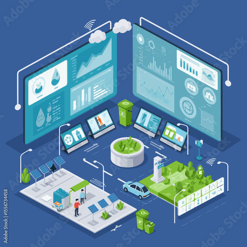 The scene includes a park with a pool, solar panels, electric vehicles, and trees, surrounded by digital panels displaying environmental statistics such as air quality, water usage, and carbon emissio