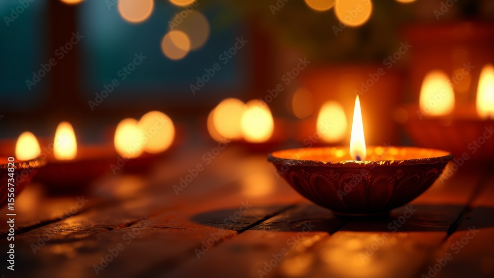 Diwali oil lamps lit in warm ambiance Diwali oil lamps lit in warm ambiance