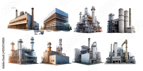 Industrial Power Plant Complex in Various Angles, PNG collection, set bundle, isolate on transparent or white background