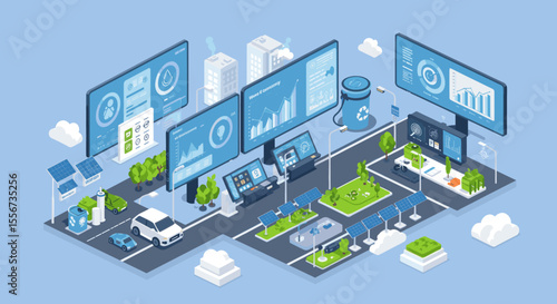 The visual emphasizes the integration of technology in urban planning to create a sustainable and efficient city.