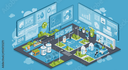 The visual emphasizes the integration of technology in urban planning to create a sustainable and efficient city.