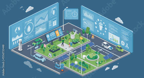The visual emphasizes the integration of technology in urban planning to create a sustainable and efficient city.