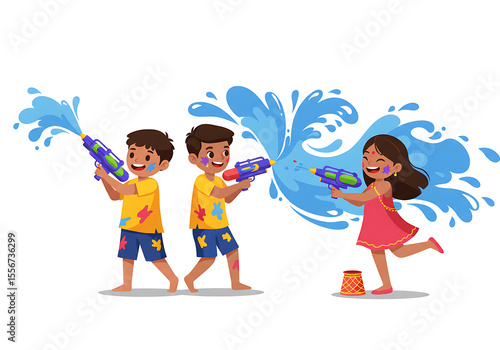 Happy Holi Celebration: Kids Playing with Water Guns and Colorful Splashes