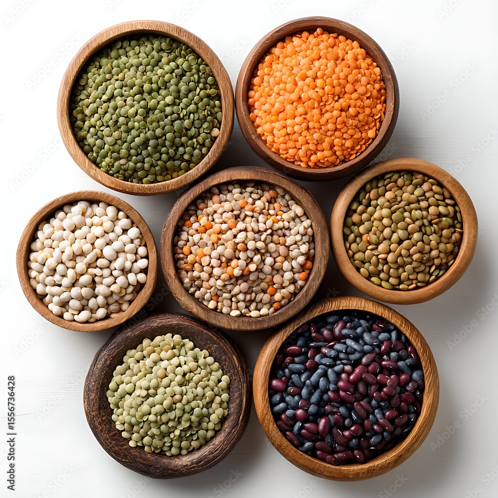 Assortment of dried legumes in wooden bowls Assortment of dried legumes in wooden bowls