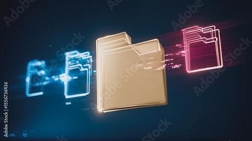 Digital Data Transfer: Visualize seamless file transfers and data migration with this dynamic image. Illustrating a glowing folder moving information between digital systems. 