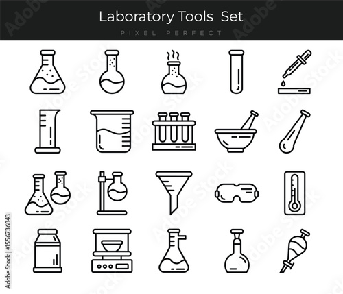 Laboratory icon set. Containing experiment, science, test tube, microscope, flask, chemical, biology, research, lab, technician and more. Editable line icons. Vector illustration.