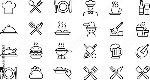 Collection of restaurant and cooking related outline vector icons set