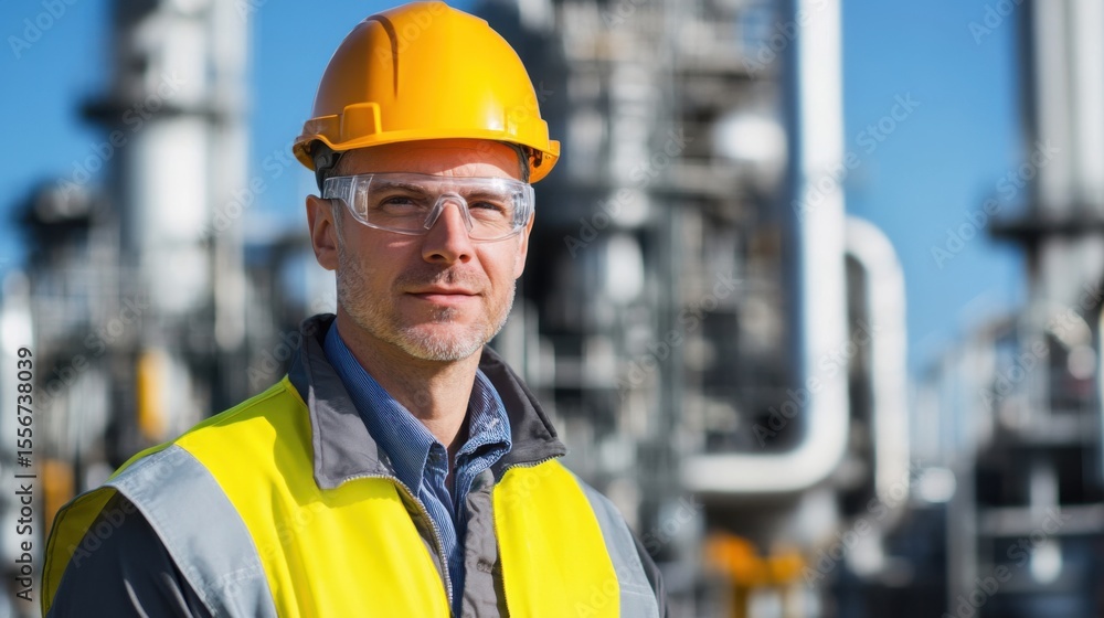 Fototapeta premium Industrial Worker with Safety Gear in Chemical Plant Environment