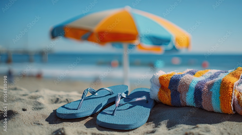 Beach Summer Vacation Scene with Flip-Flops and Towel Beach Summer Vacation Scene with Flip-Flops and Towel