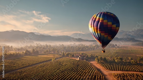 Hot Air Balloon Over Vineyards at Sunrise Over Napa.

