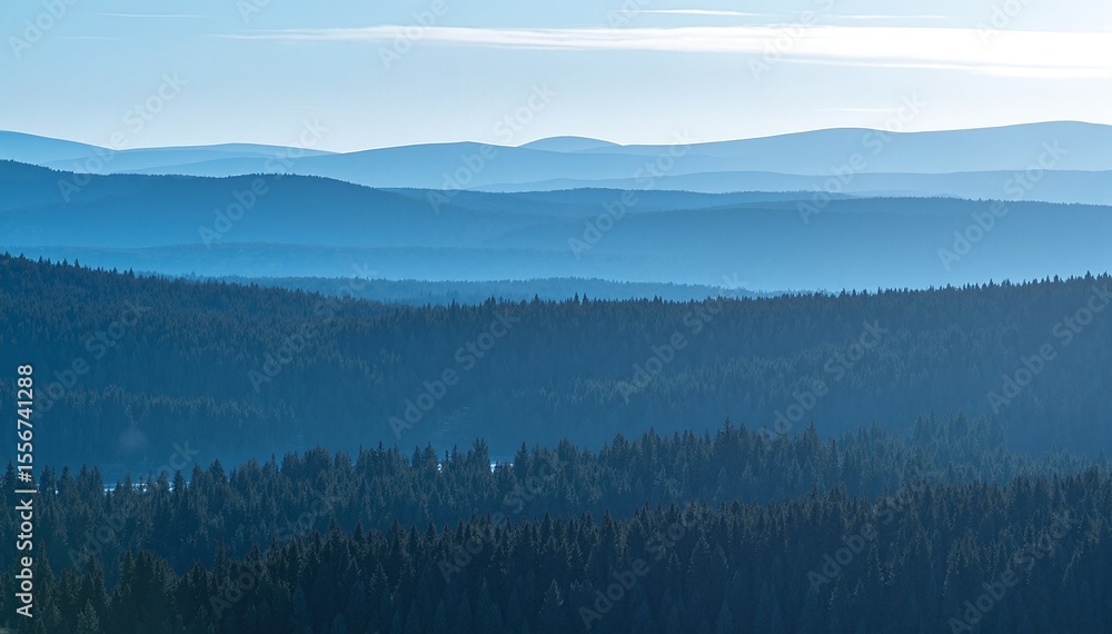 Fototapeta premium A breathtaking mountain range rises majestically, adorned with lush green trees in the foreground, while towering peaks loom in the background under a clear blue sky.