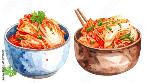 Watercolor kimchi in bowls (1)