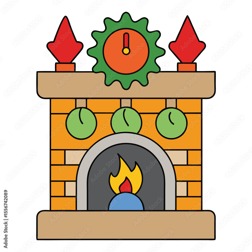 Fototapeta premium A cozy Christmas fireplace glowing warmly, adorned with stockings, garlands, and twinkling lights, spreading festive cheer and holiday warmth throughout the room. 