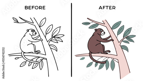 Before and after illustration of a monkey climbing a tree with leaves on either side of a vertical line