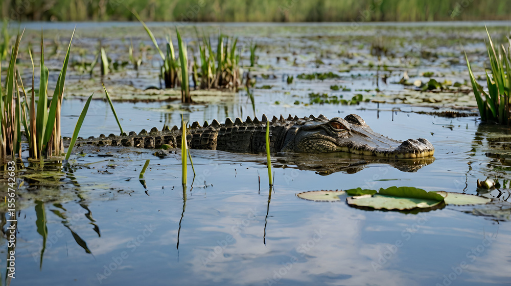 Fototapeta premium A crocodile silently glides through a swampy wetland