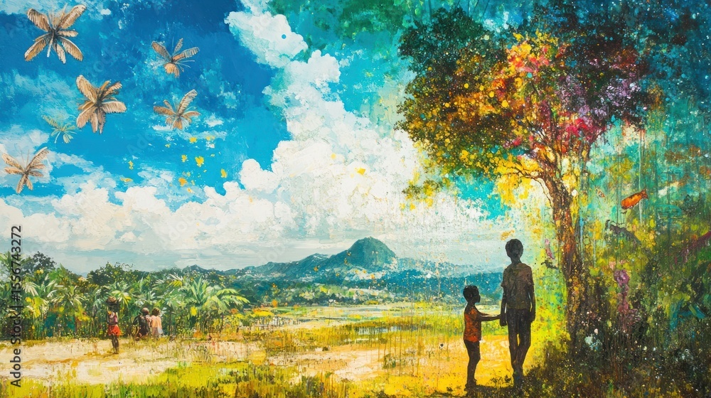 Colorful landscape painting, two figures, vibrant foliage, sky Colorful landscape painting, two figures, vibrant foliage, sky