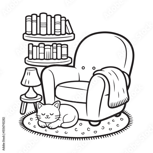 Little Corners of Comfort: Cute & Cozy Coloring Book for Relaxation and Creativity, Little Corner Cute & Comfy" coloring page, Coloring page , line art vector illustration, black and white designs,