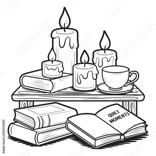 Little Corners of Comfort: Cute & Cozy Coloring Book for Relaxation and Creativity, Little Corner Cute & Comfy" coloring page, Coloring page , line art vector illustration, black and white designs,