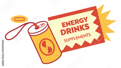 A stylized energy drink can with a red string and a packet labeled energy drinks supplements shown