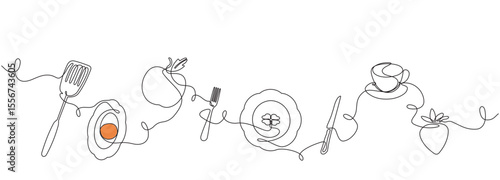 Cooking horizontal pattern.Background with breakfast food and utensils. Continuous drawing style. Vector illustration