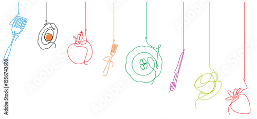 Horizontal cooking pattern. Background with food decoration and breakfast utensils. Continuous drawing style. Vector illustration