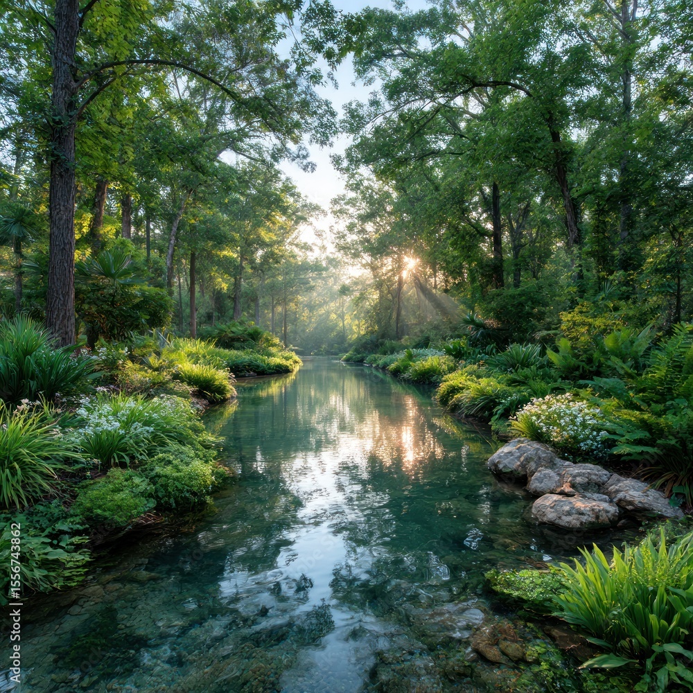 Obraz premium Tranquil stream in a lush forest at dawn