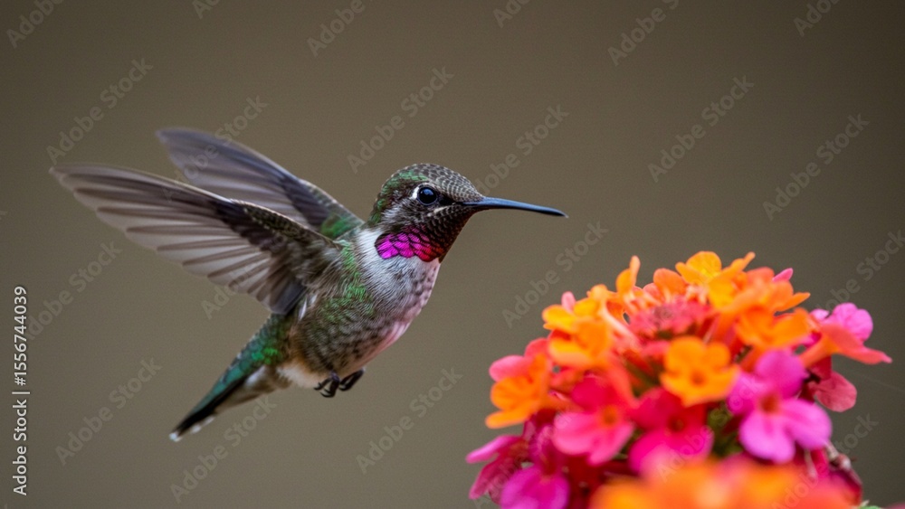 Fototapeta premium A hummingbird pauses on a brightly colored flower, wings blurring with speed, focusing on beak and eyes.