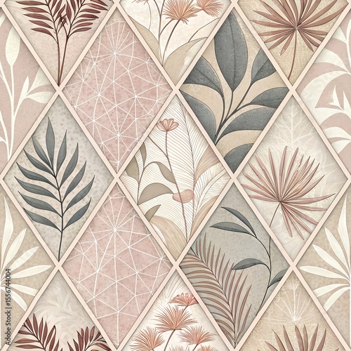 Elegant Botanical Diamond Pattern Wallpaper Featuring Floral Leaves and Soft Modern Colors