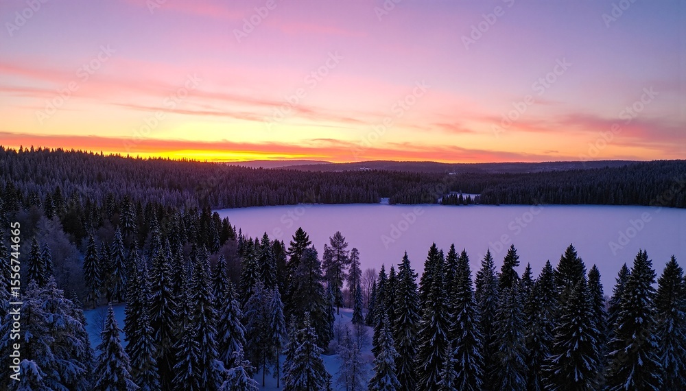 Fototapeta premium A breathtaking sunset casts vibrant hues of orange, pink, and purple across the sky, silhouetting tall trees against the colorful backdrop.